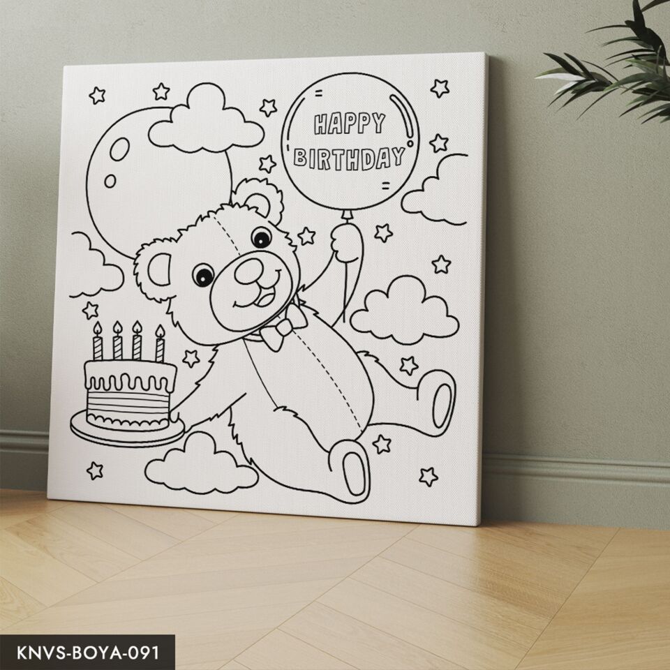 Doğum Günü Kutlayan Ayı Çocuklara Özel 20x20 CM Kanvas Tuval Boyama Seti Fırça Boya Dahildir Şövalesiz