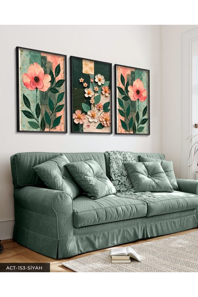Renkli Zeminde Pembe Çiçekler 3 Parça Ahşap Çerçeveli Tablo ACT Siyah - 50 x 70 CM