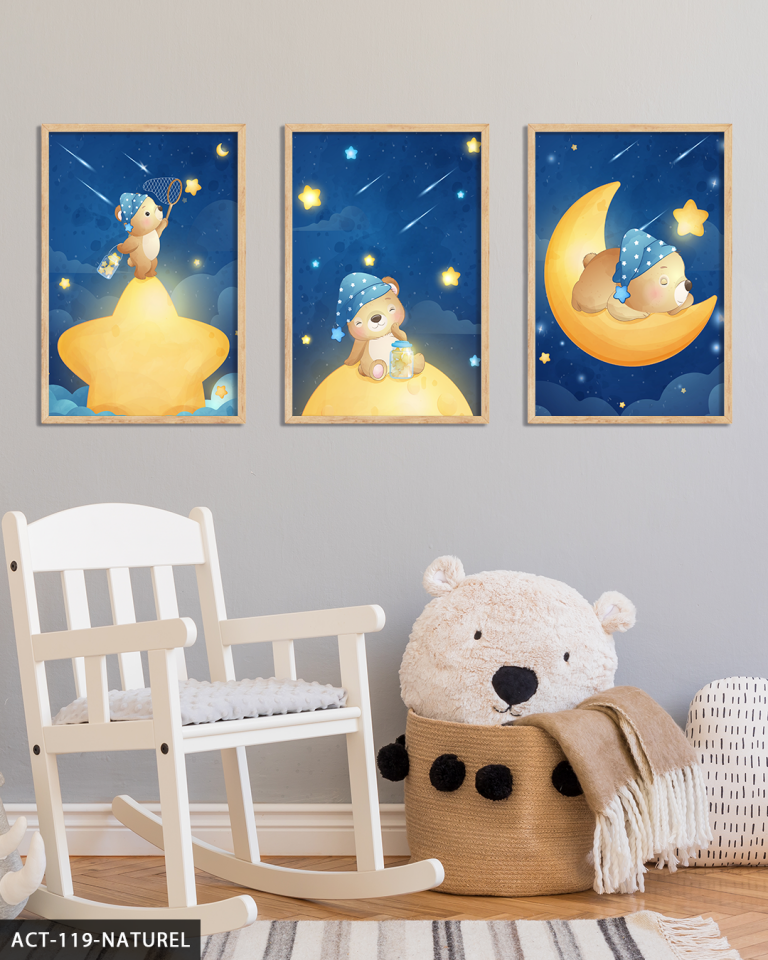 Sevimli Kedi 3 Parça Ahşap Çerçeveli Tablo ACT Naturel - 40 x 60 CM