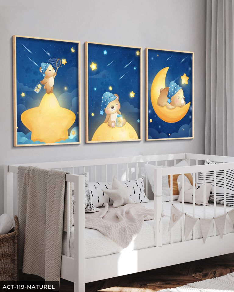 Sevimli Kedi 3 Parça Ahşap Çerçeveli Tablo ACT Naturel - 40 x 60 CM
