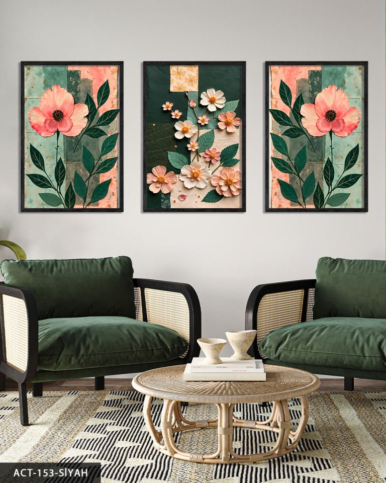 Renkli Zeminde Pembe Çiçekler 3 Parça Ahşap Çerçeveli Tablo ACT Siyah - 50 x 70 CM