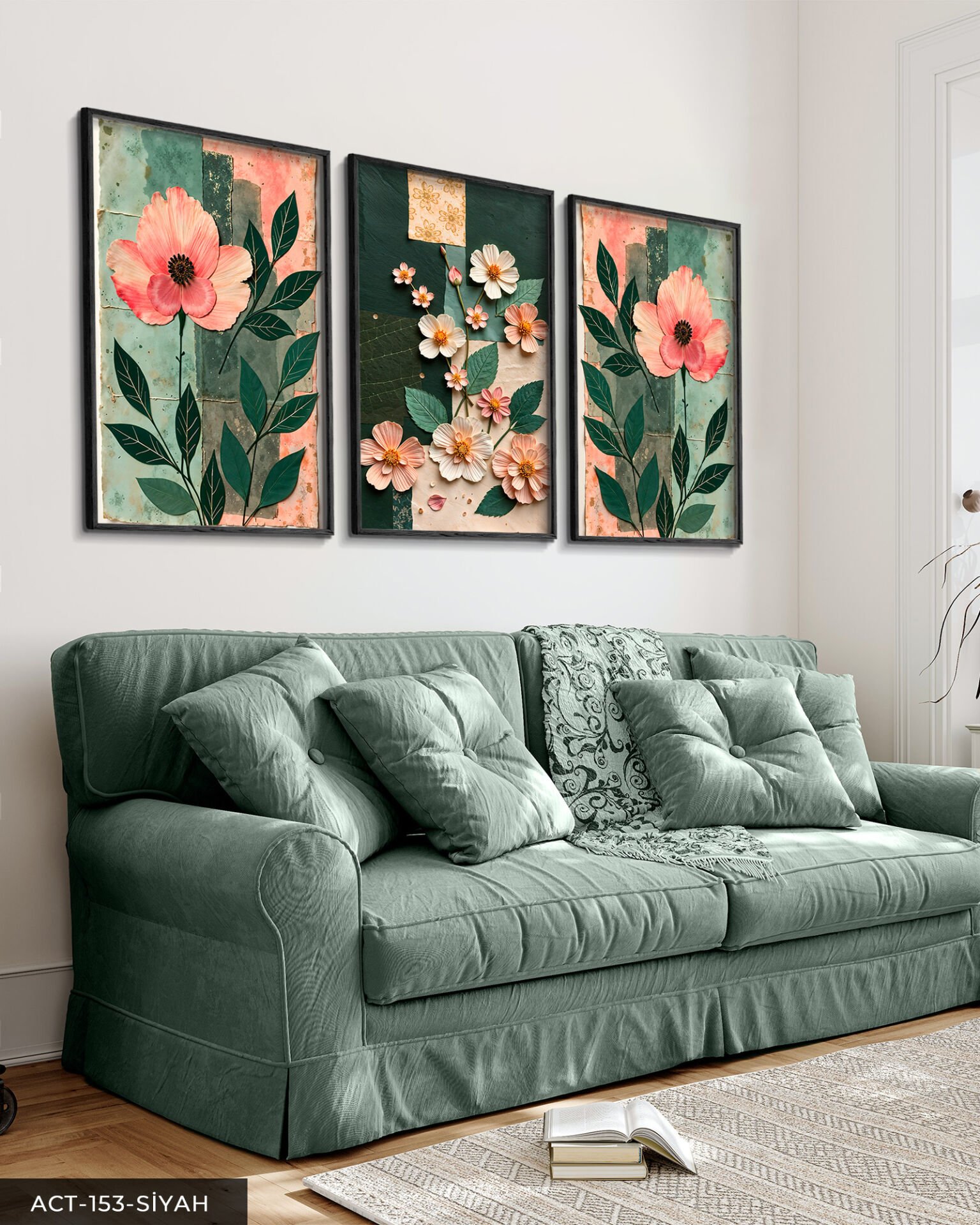 Renkli Zeminde Pembe Çiçekler 3 Parça Ahşap Çerçeveli Tablo ACT Siyah - 50 x 70 CM