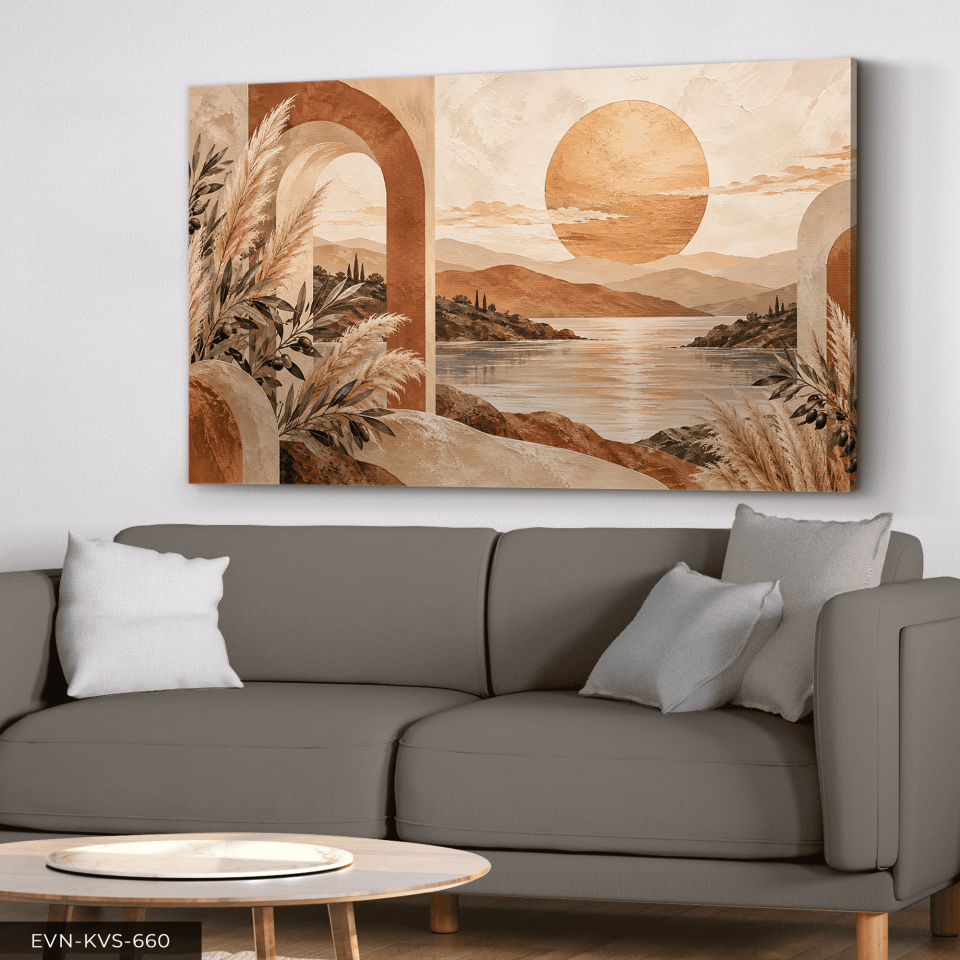 Boho Tarzda Güneş ve Bitkiler Tek Parça Kanvas - Canvas Tablo