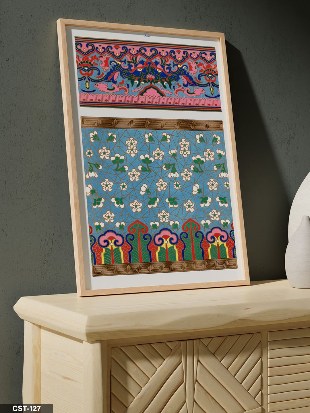 Renkli Geometrik Desen Tek Parça Ahşap Çerçeveli Tablo Naturel - 30 x 40 CM