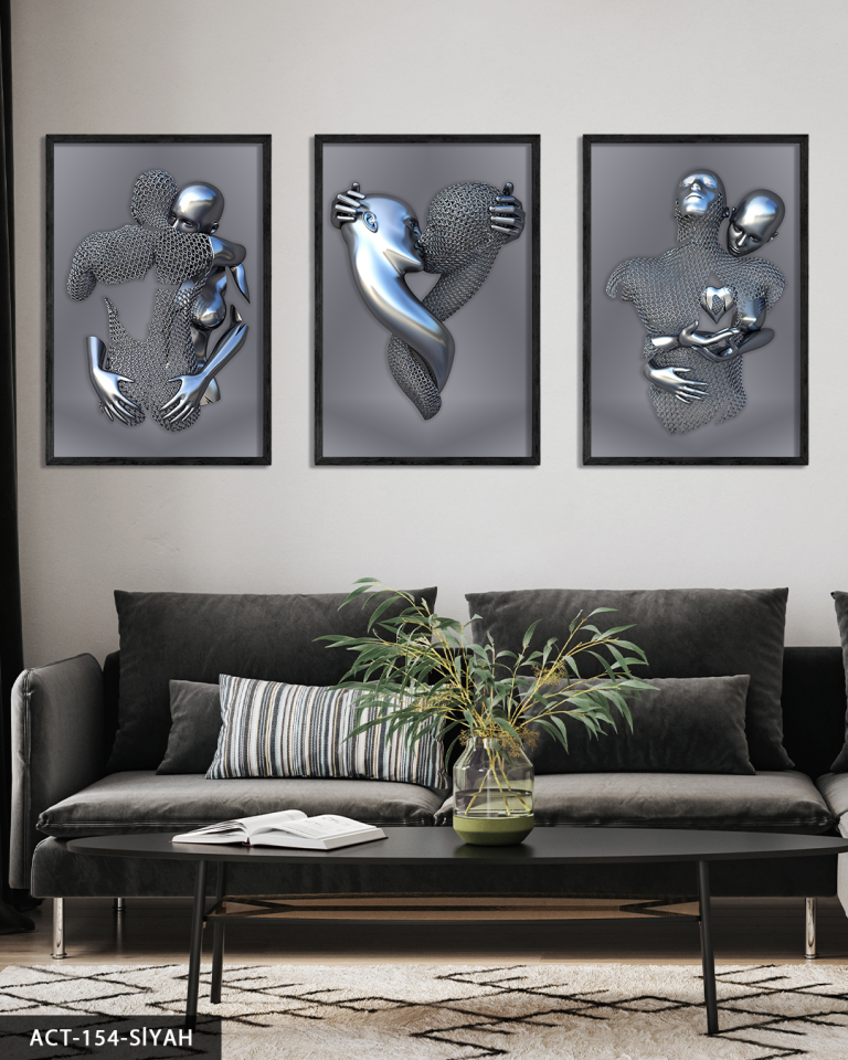 Modern Birleşme Aşk Temalı Sanatsal 3 Parça Ahşap Çerçeveli Tablo Siyah - 50 x 70 CM