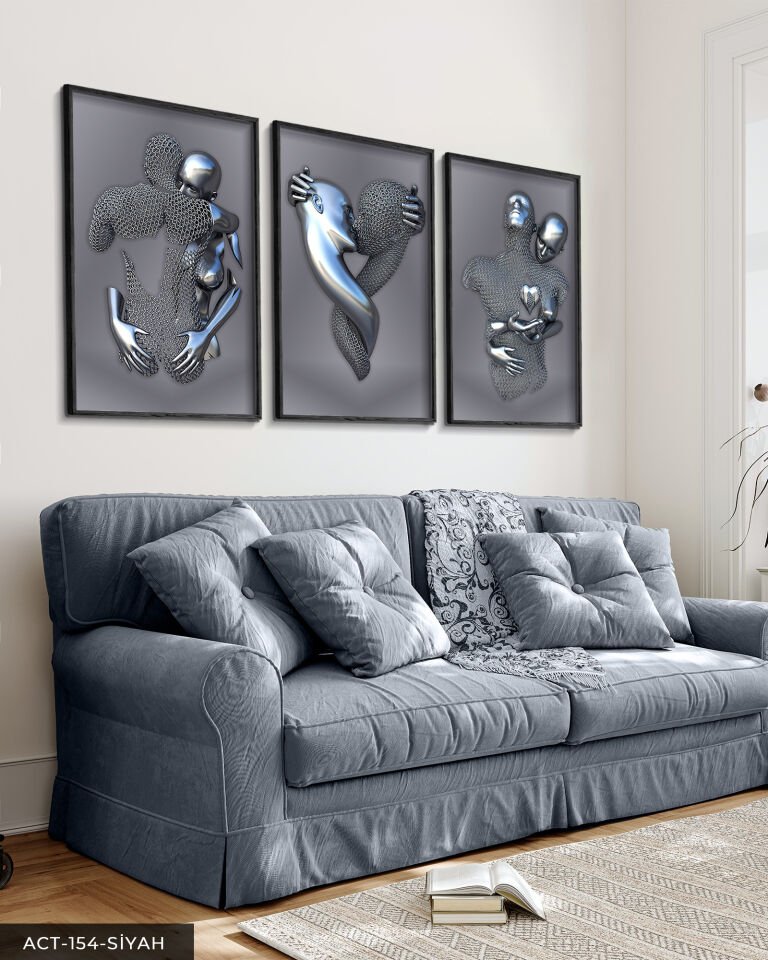 Modern Birleşme Aşk Temalı Sanatsal 3 Parça Ahşap Çerçeveli Tablo Siyah - 50 x 70 CM