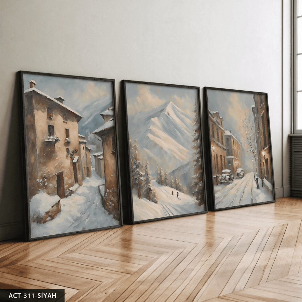 Karlı Sokak 3 Parça Ahşap Çerçeveli Tablo ACT Siyah - 40 x 60 CM