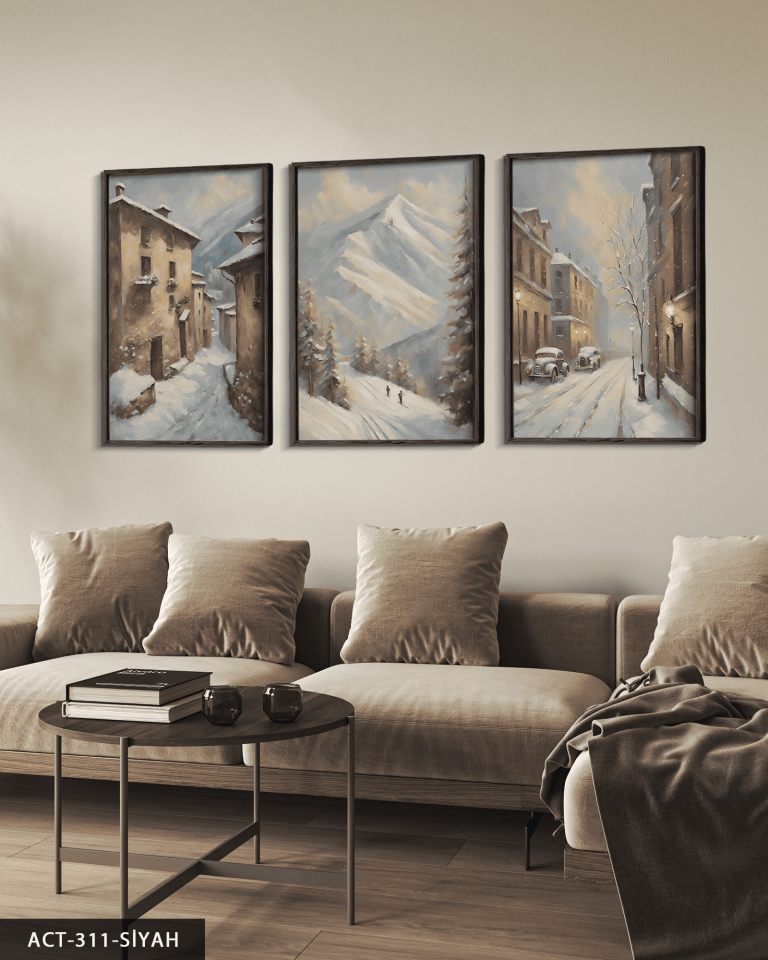 Karlı Sokak 3 Parça Ahşap Çerçeveli Tablo ACT Siyah - 40 x 60 CM