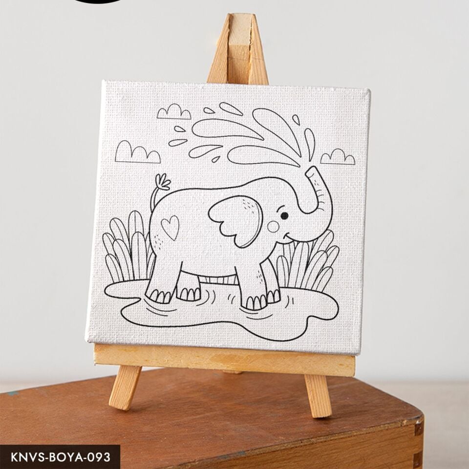 Oyun Oynayan Fil Çocuklara Özel 20x20 CM Kanvas Tuval Boyama Seti Fırça Boya Dahildir