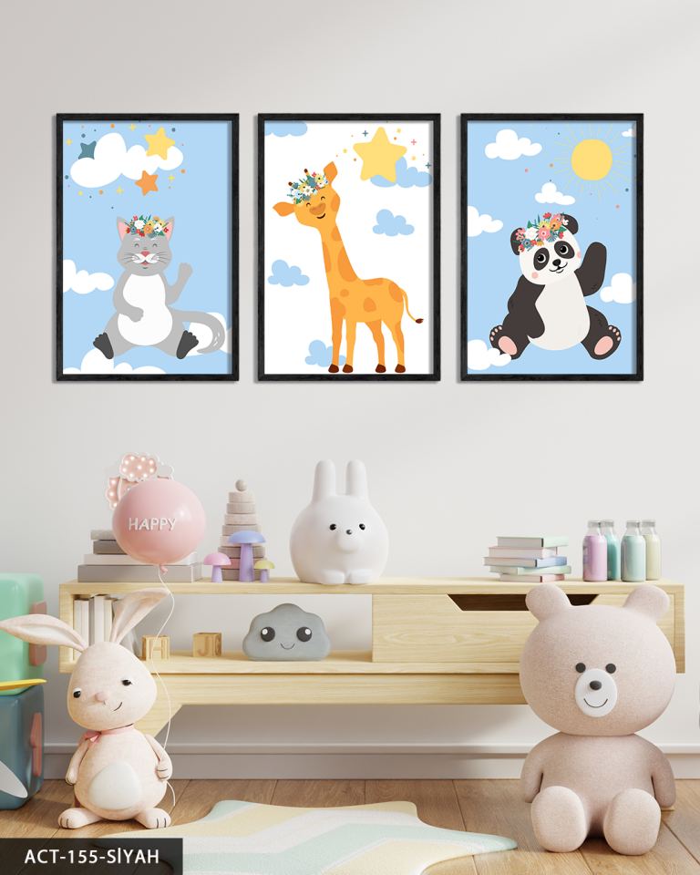 Küçük Kedi Panda ve Zürafa 3 Parça Ahşap Çerçeveli Tablo ACT Siyah - 50 x 70 CM