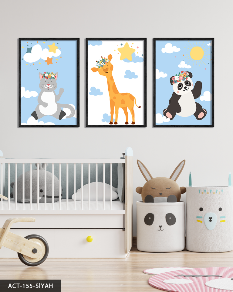 Küçük Kedi Panda ve Zürafa 3 Parça Ahşap Çerçeveli Tablo ACT Siyah - 50 x 70 CM