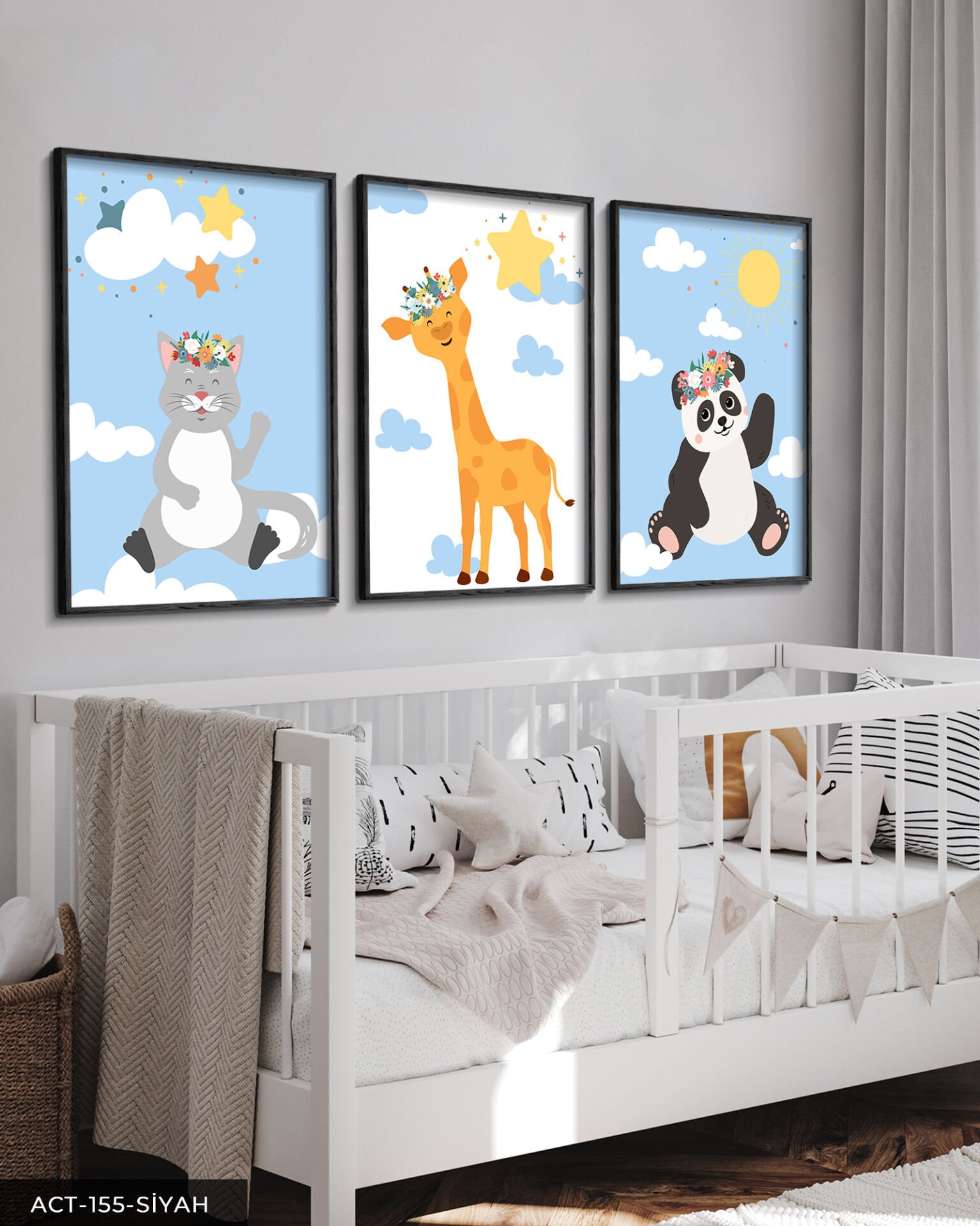 Küçük Kedi Panda ve Zürafa 3 Parça Ahşap Çerçeveli Tablo ACT Siyah - 50 x 70 CM