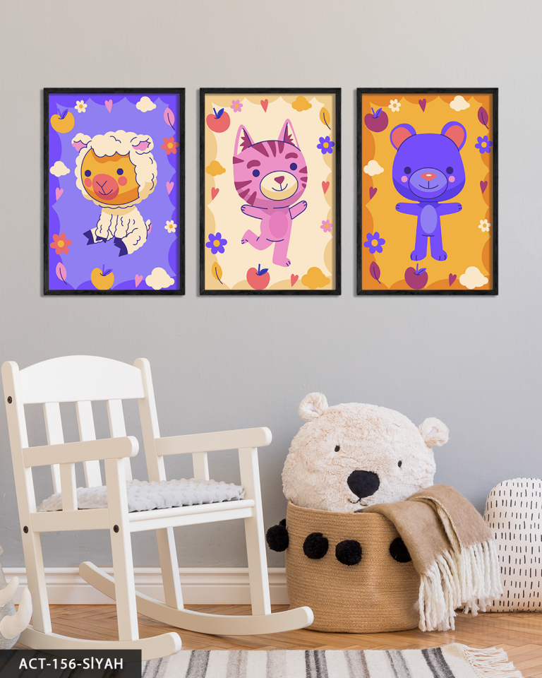 Hayvan Temalı Çocuk Odası 3 Parça Ahşap Çerçeveli Tablo ACT Siyah - 50 x 70 CM