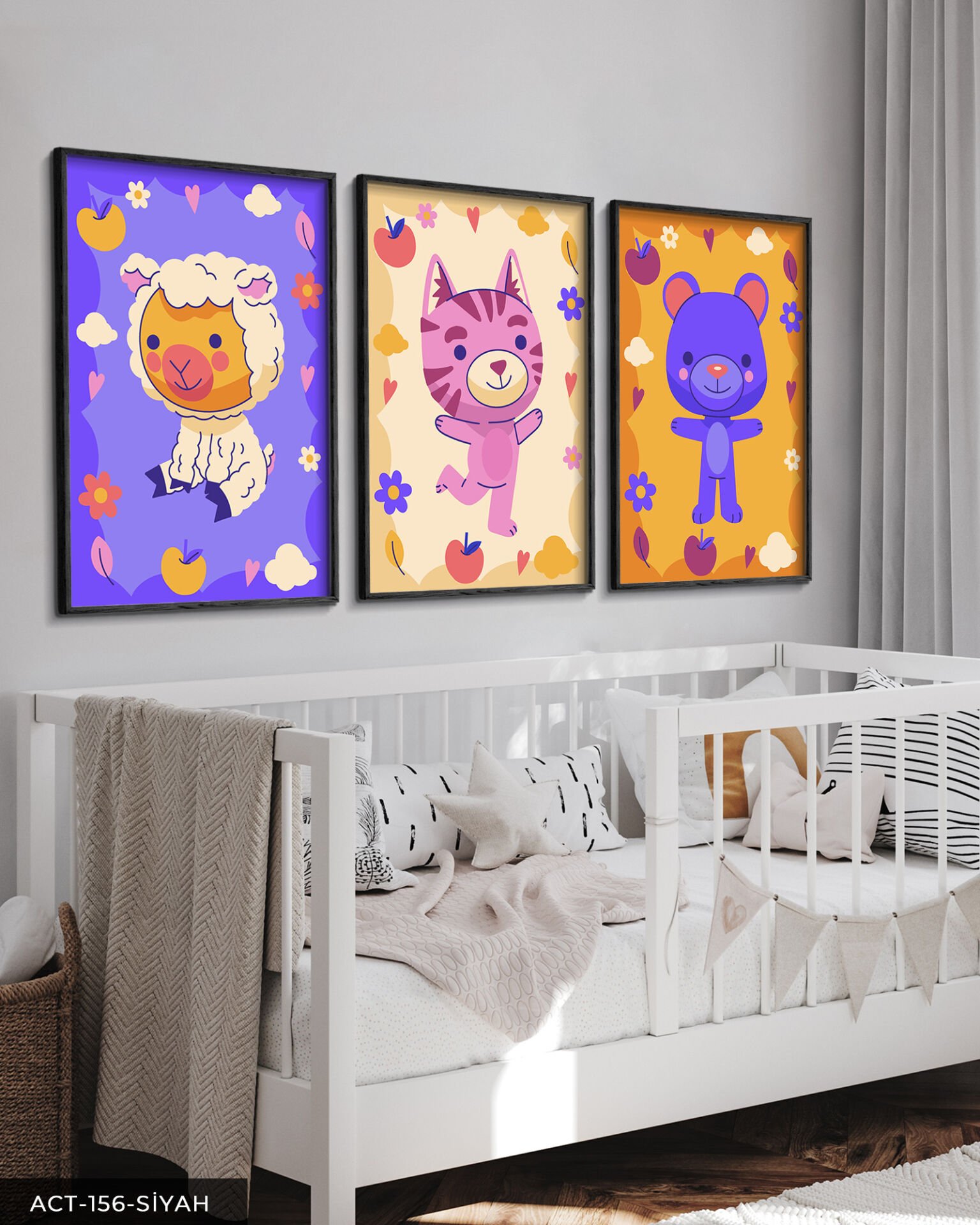 Hayvan Temalı Çocuk Odası 3 Parça Ahşap Çerçeveli Tablo ACT Siyah - 50 x 70 CM