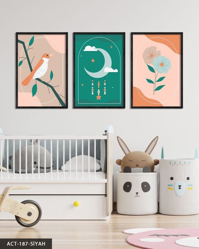 Minimalist Ay Çiçek ve Kuş 3 Parça Ahşap Çerçeveli Tablo ACT