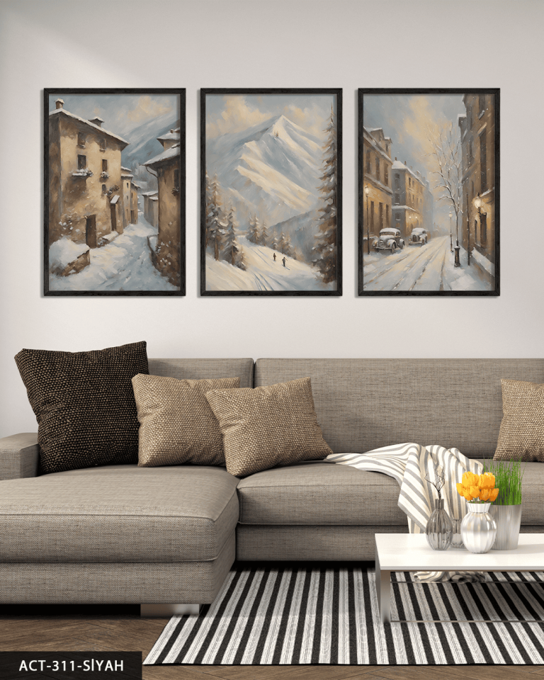 Karlı Sokak 3 Parça Ahşap Çerçeveli Tablo ACT Siyah - 50 x 70 CM