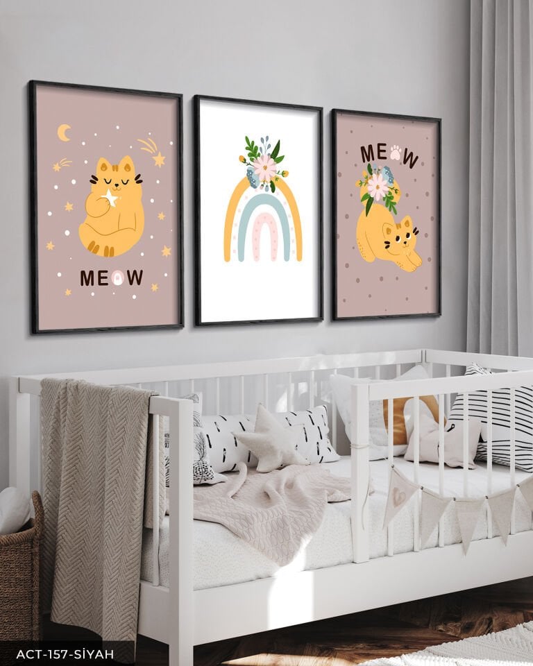 Sevimli Kedi ve Gökkuşağı 3 Parça Ahşap Çerçeveli Tablo ACT Siyah - 50 x 70 CM