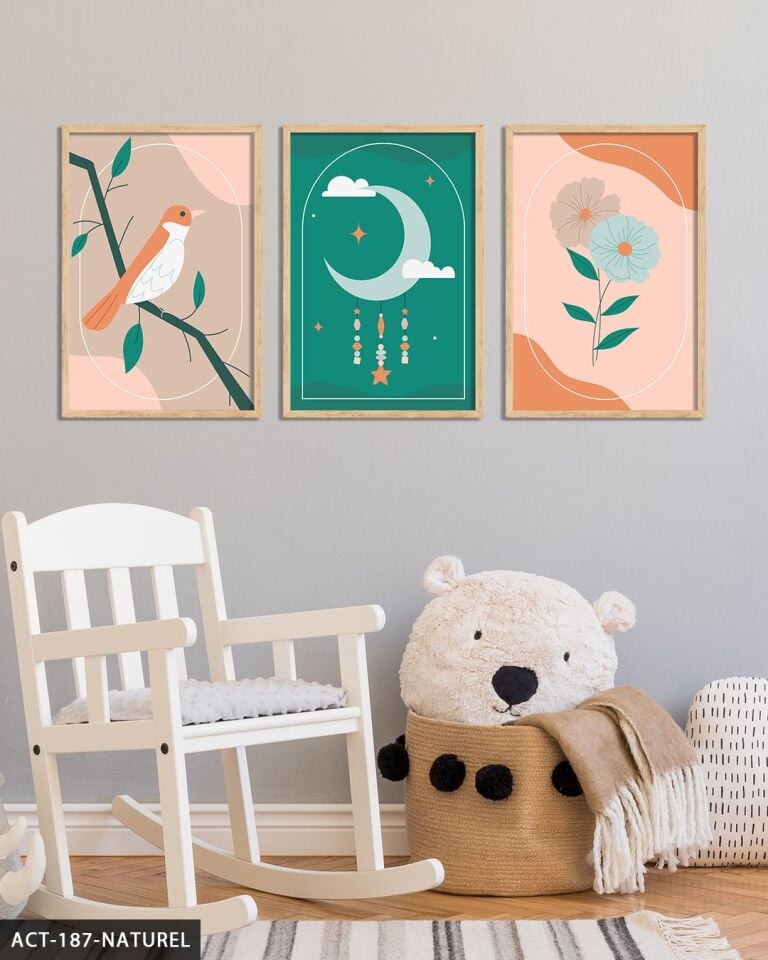 Minimalist Ay Çiçek ve Kuş 3 Parça Ahşap Çerçeveli Tablo ACT Naturel - 20 x 30 CM