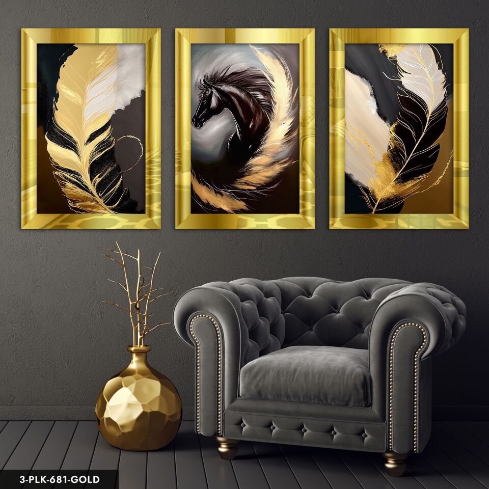 Siyah At ve Gold Tüy 3 Parça Pleksi Aynalı Tablo 20 x 30 CM - Gold