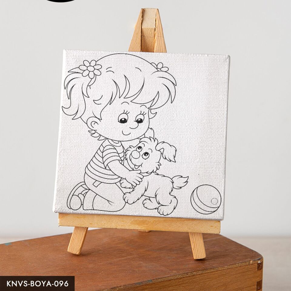 Köpekle Oyun Oynayan Küçük Kız Çocuklara Özel 20x20 CM Kanvas Tuval Boyama Seti Fırça Boya Dahildir