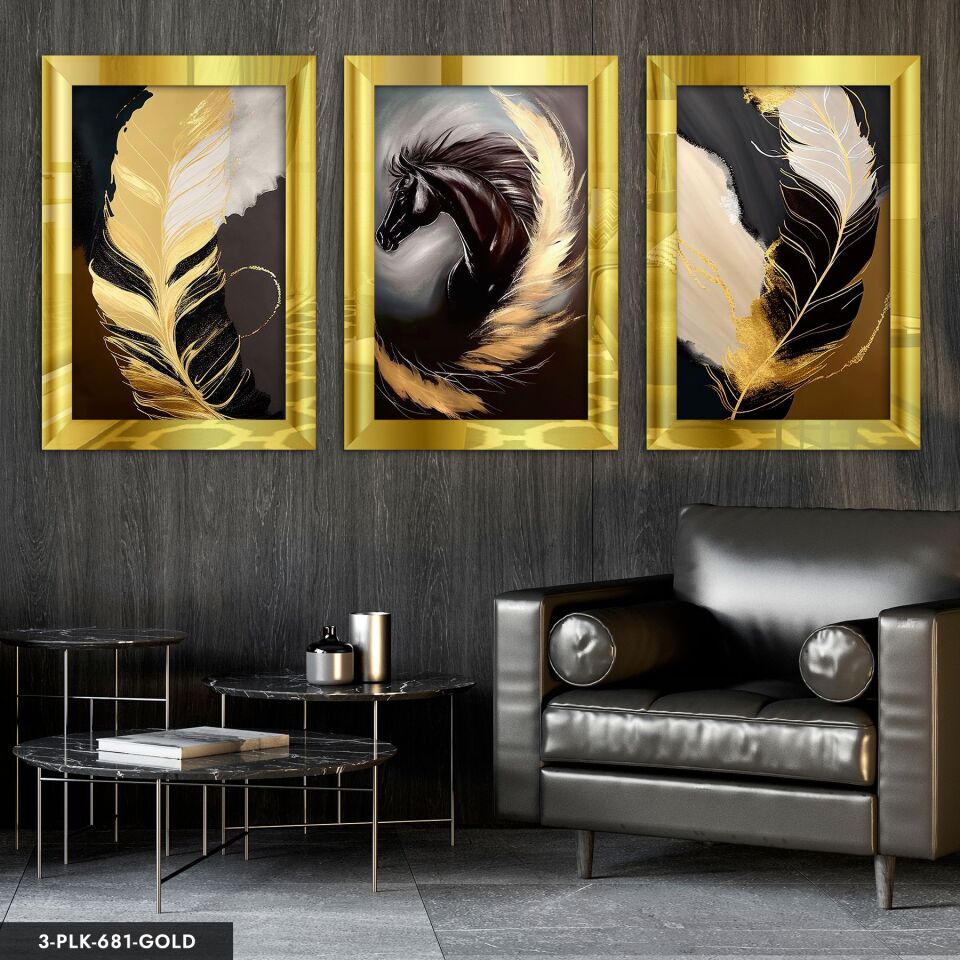 Siyah At ve Gold Tüy 3 Parça Pleksi Aynalı Tablo 20 x 30 CM - Gold