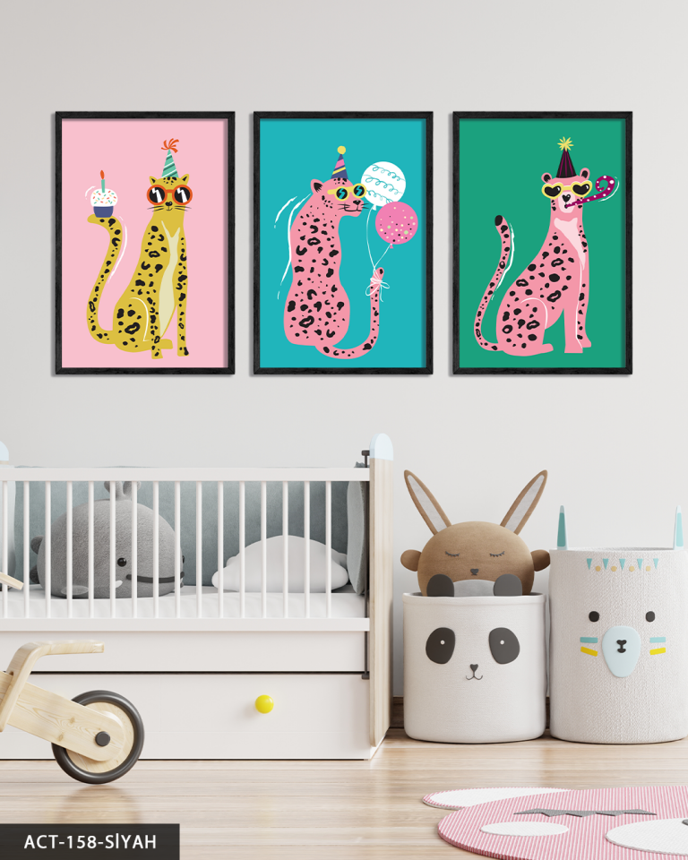 Eğlenceli Parti Leoparları 3 Parça Ahşap Çerçeveli Tablo ACT Siyah - 50 x 70 CM