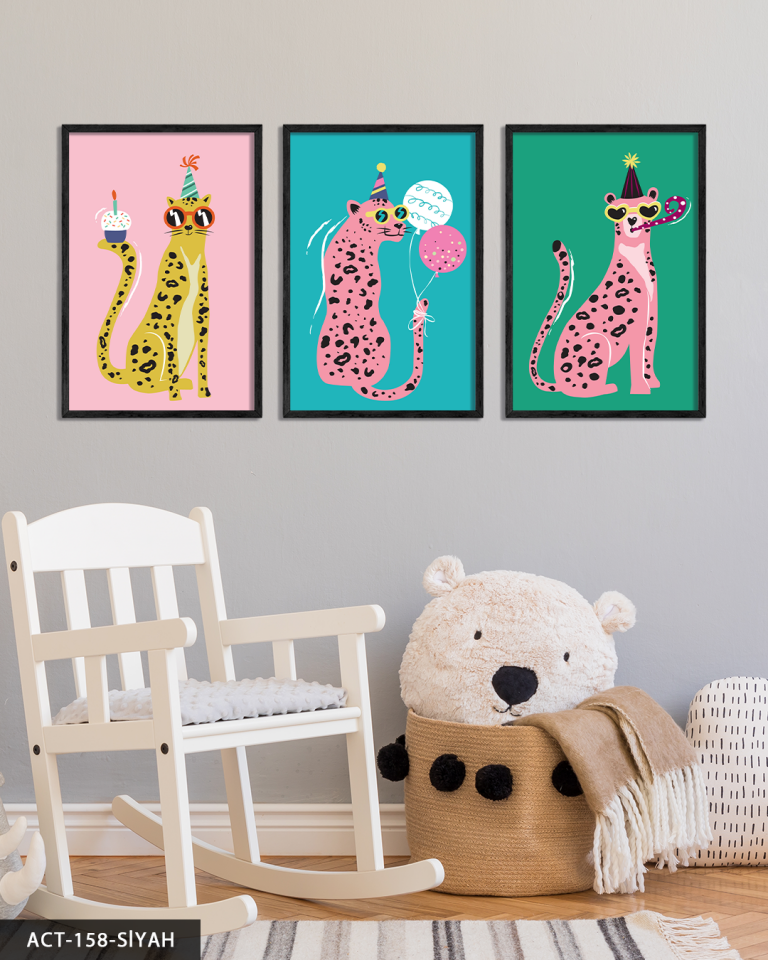 Eğlenceli Parti Leoparları 3 Parça Ahşap Çerçeveli Tablo ACT Siyah - 50 x 70 CM