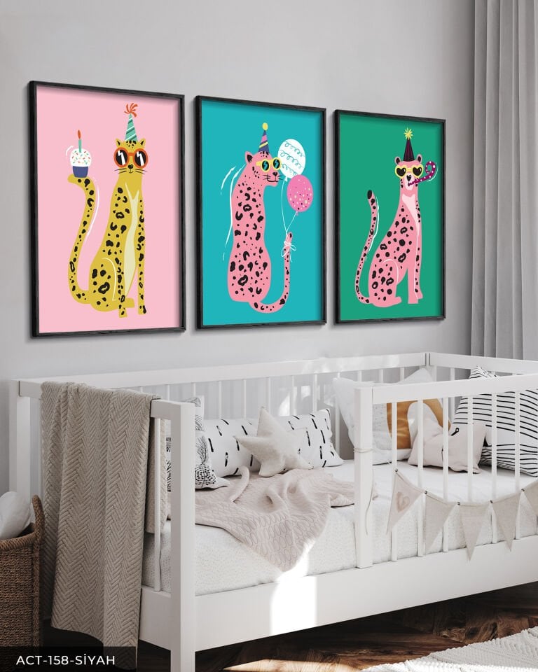 Eğlenceli Parti Leoparları 3 Parça Ahşap Çerçeveli Tablo ACT Siyah - 50 x 70 CM