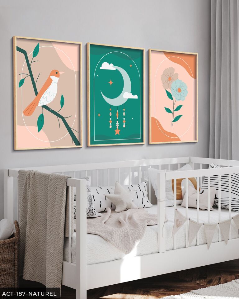 Minimalist Ay Çiçek ve Kuş 3 Parça Ahşap Çerçeveli Tablo ACT Naturel - 30 x 40 CM