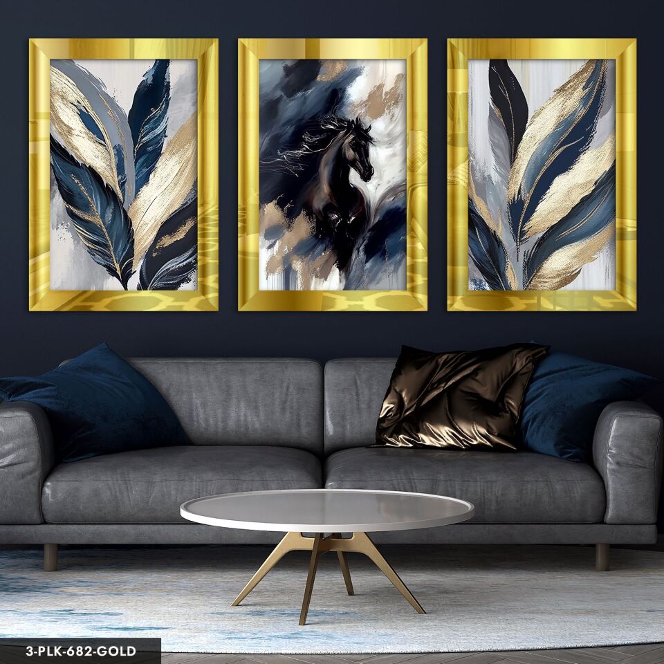Siyah At ve Yaprak 3 Parça Pleksi Aynalı Tablo 20 x 30 CM - Gold