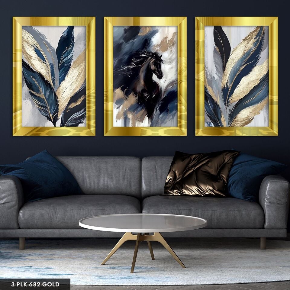 Siyah At ve Yaprak 3 Parça Pleksi Aynalı Tablo 20 x 30 CM - Gold