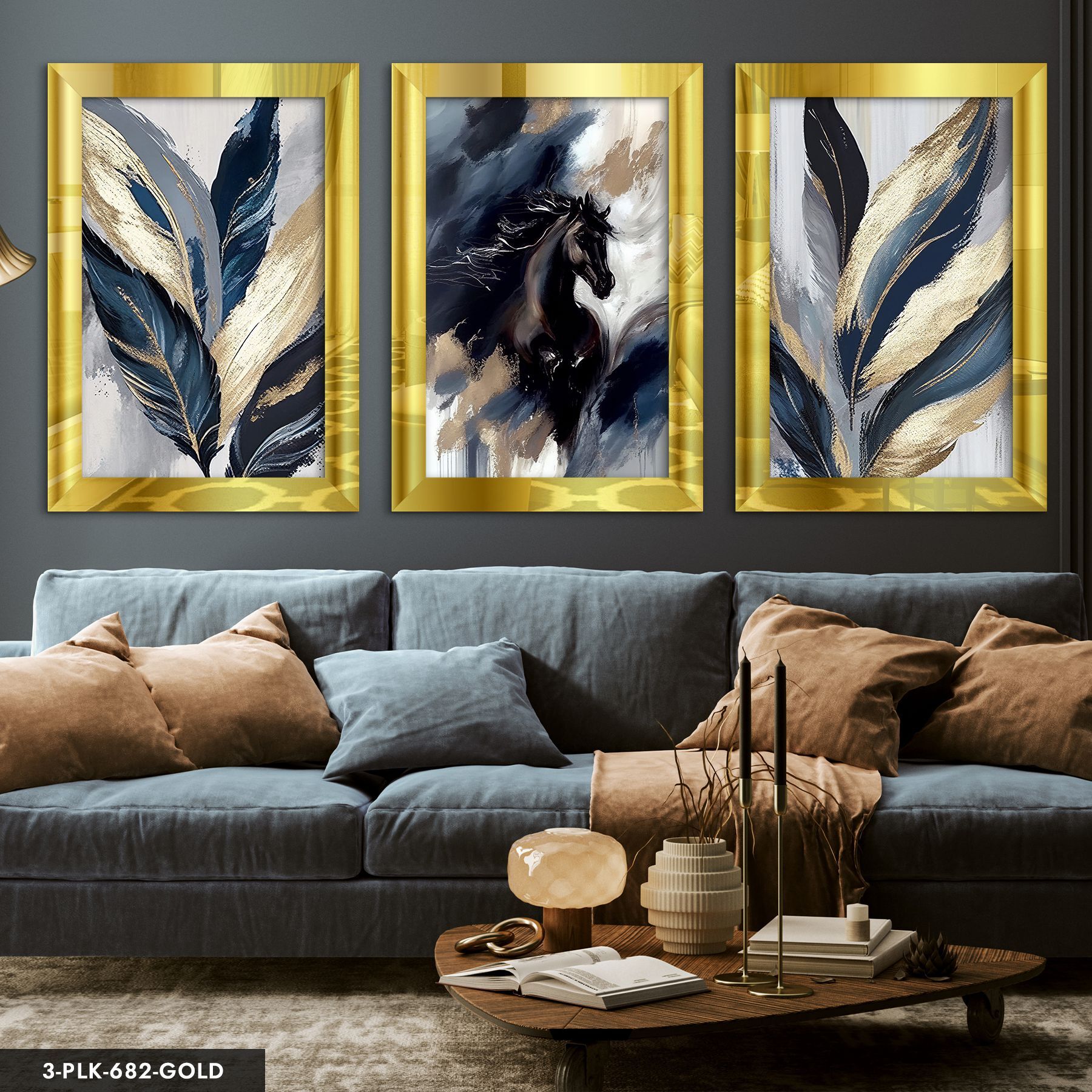 Siyah At ve Yaprak 3 Parça Pleksi Aynalı Tablo 20 x 30 CM - Gold