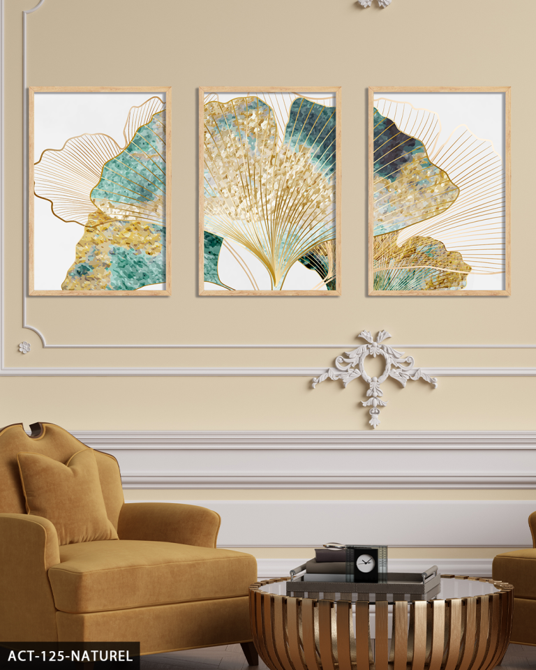 Yeşil ve Gold Detaylı Set 3 Parça Ahşap Çerçeveli Tablo ACT Naturel - 40 x 60 CM