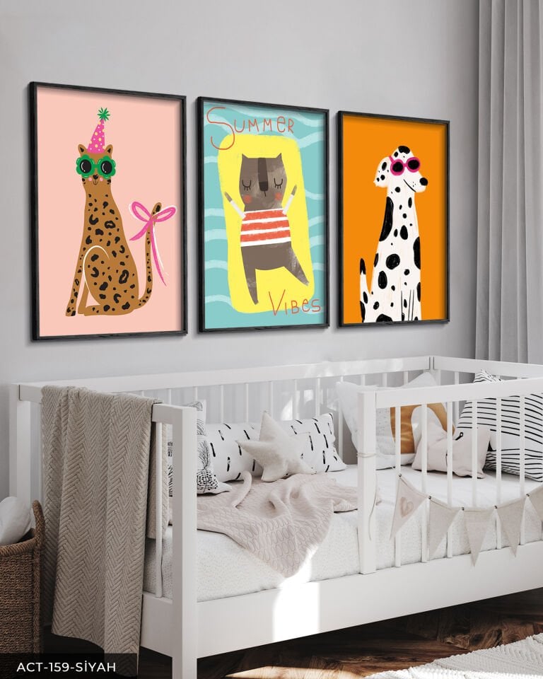 Eğlenceli Hayvanlar 3 Parça Ahşap Çerçeveli Tablo ACT Siyah - 50 x 70 CM