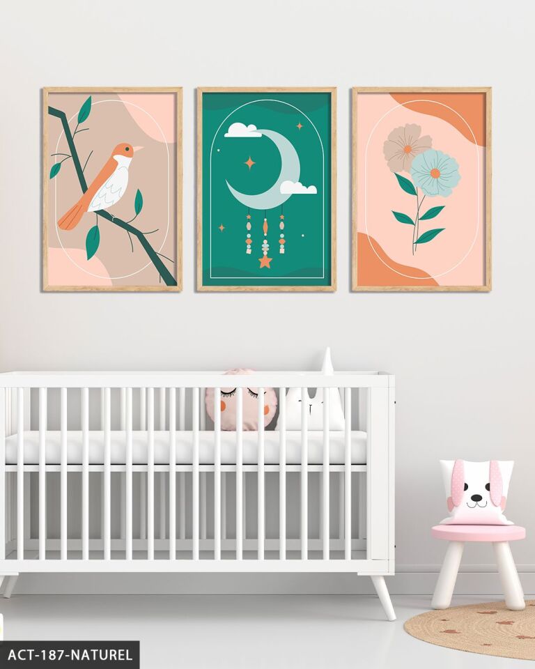 Minimalist Ay Çiçek ve Kuş 3 Parça Ahşap Çerçeveli Tablo ACT Naturel - 40 x 60 CM