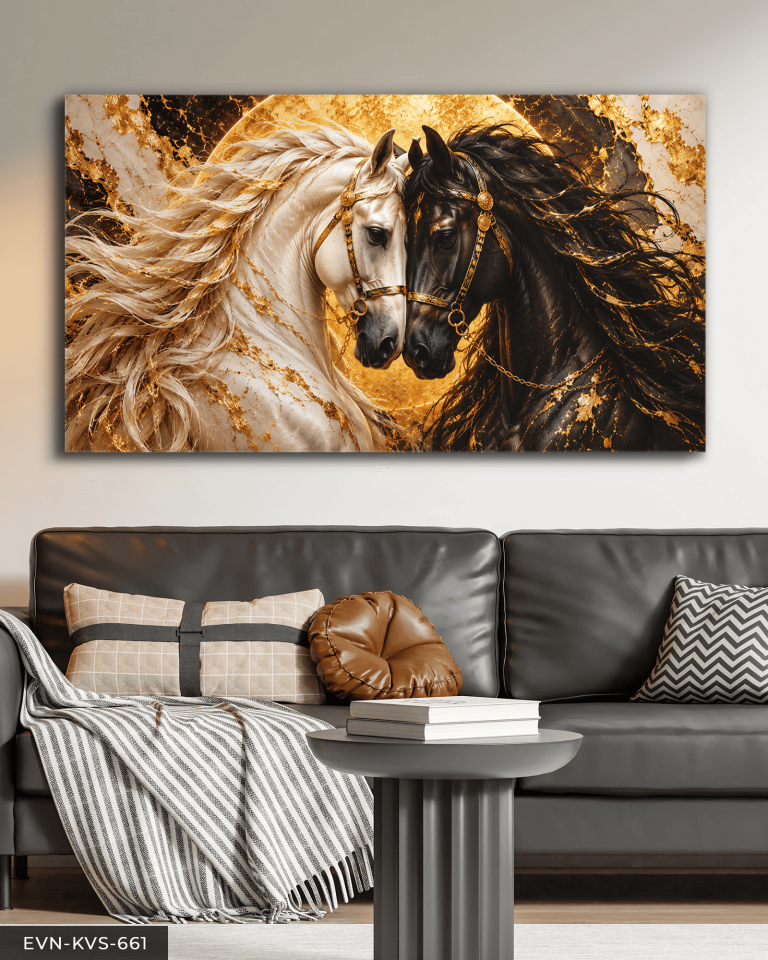 Gold Işıltılı Siyah Beyaz At Tek Parça Kanvas - Canvas Tablo