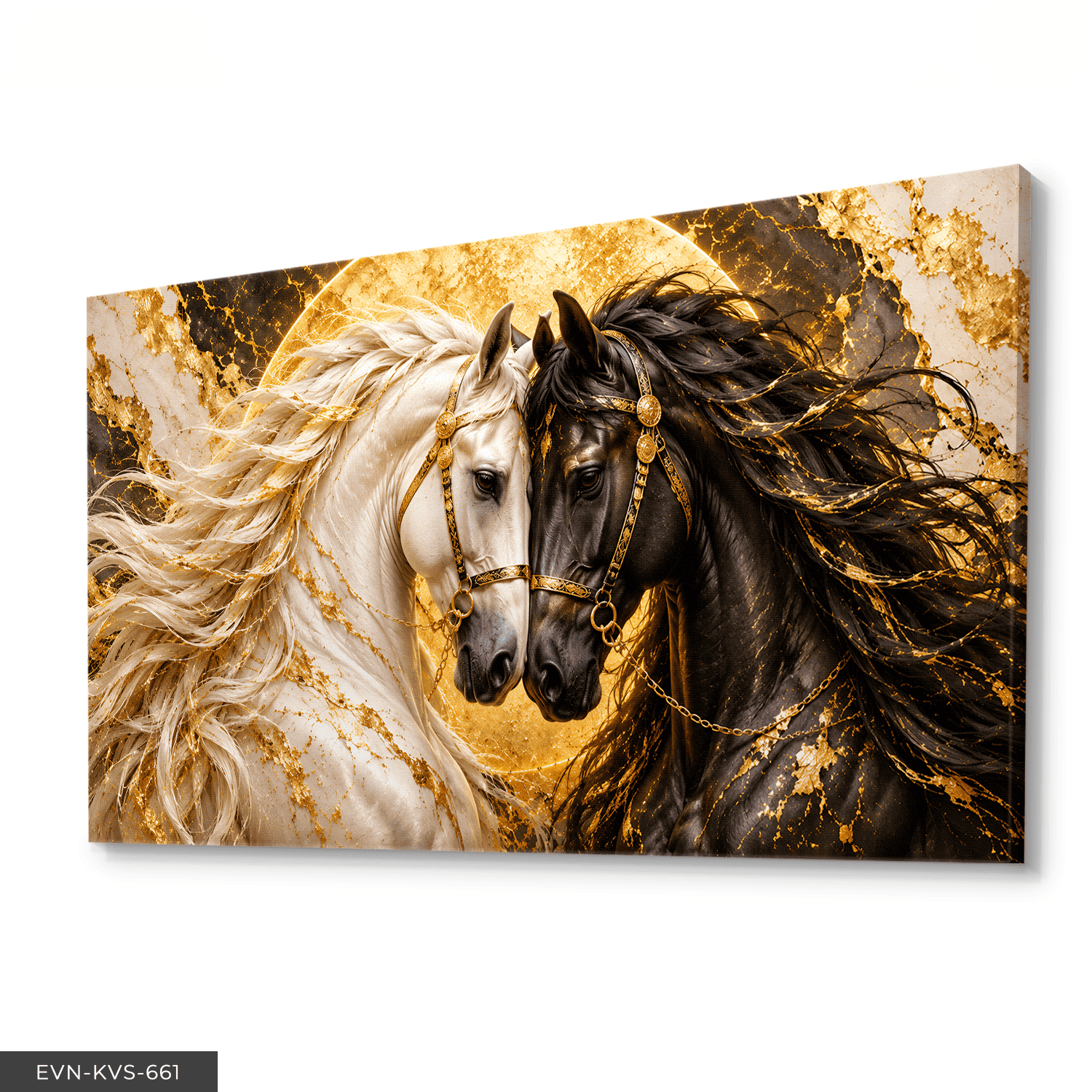 Gold Işıltılı Siyah Beyaz At Tek Parça Kanvas - Canvas Tablo