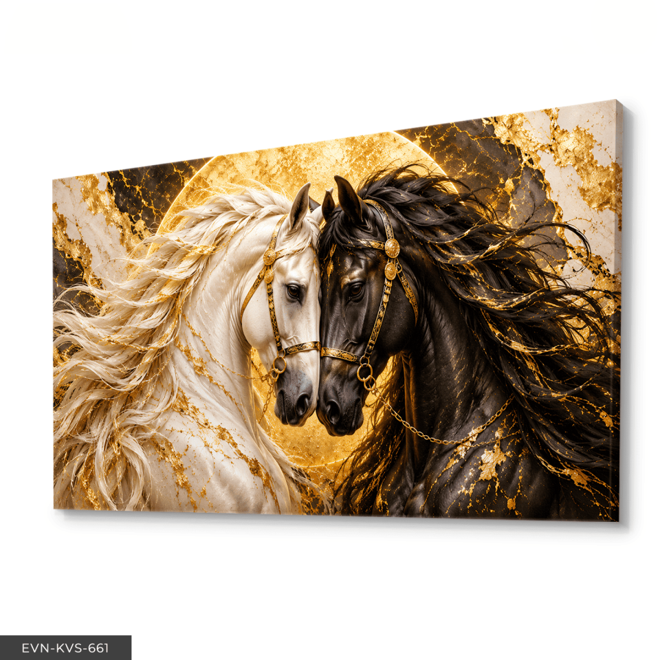 Gold Işıltılı Siyah Beyaz At Tek Parça Kanvas - Canvas Tablo