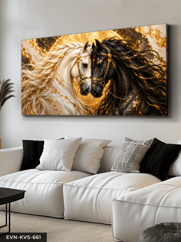 Gold Işıltılı Siyah Beyaz At Tek Parça Kanvas - Canvas Tablo