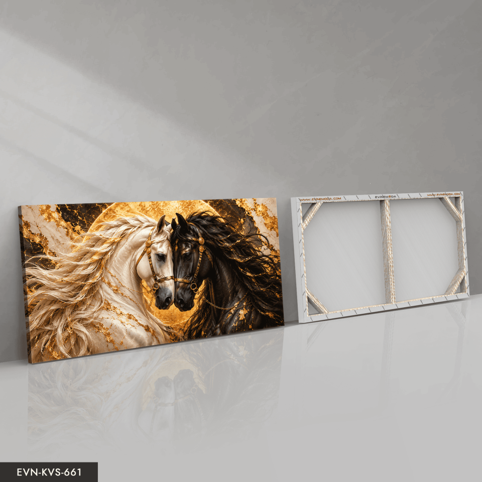 Gold Işıltılı Siyah Beyaz At Tek Parça Kanvas - Canvas Tablo