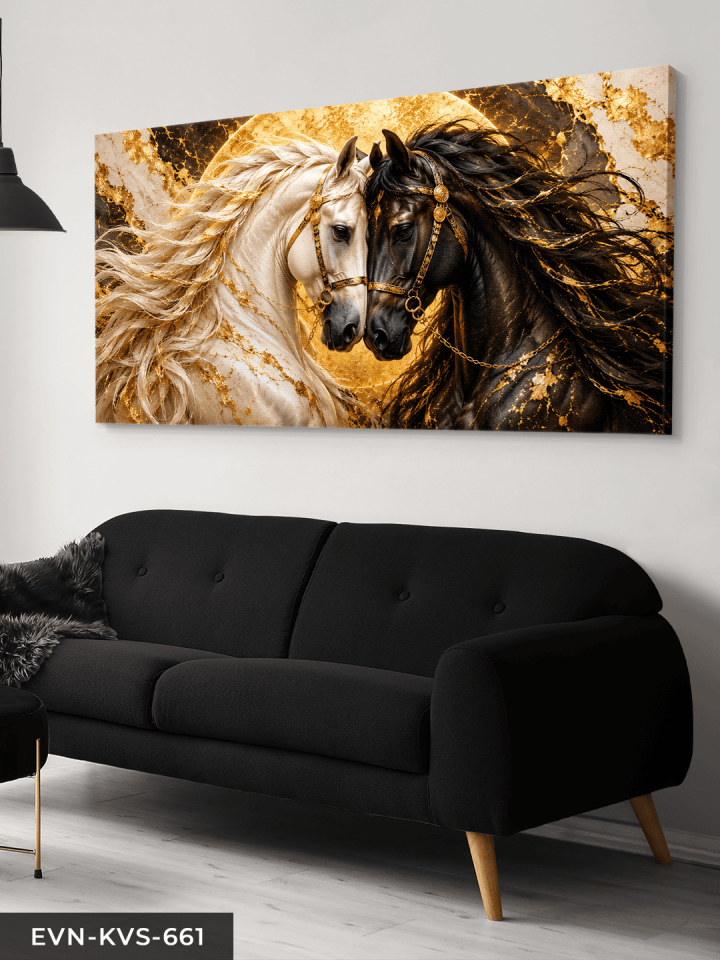 Gold Işıltılı Siyah Beyaz At Tek Parça Kanvas - Canvas Tablo