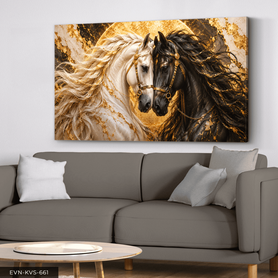 Gold Işıltılı Siyah Beyaz At Tek Parça Kanvas - Canvas Tablo