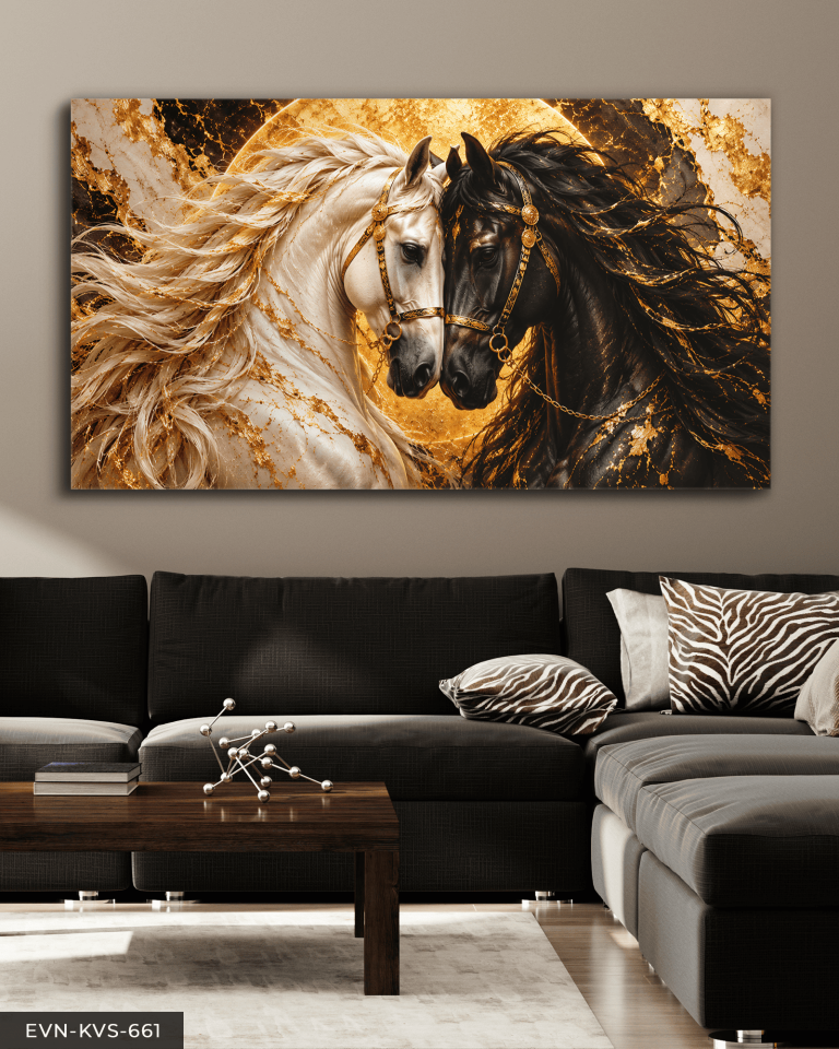 Gold Işıltılı Siyah Beyaz At Tek Parça Kanvas - Canvas Tablo