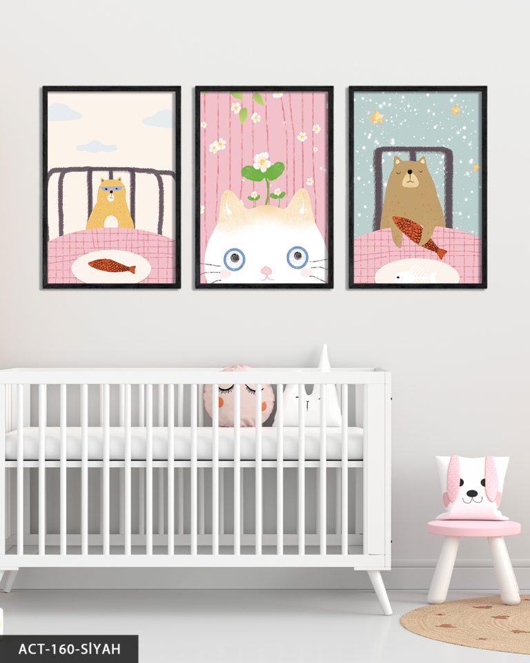 Sevimli Kedi ve Ayı 3 Parça Ahşap Çerçeveli Tablo ACT Siyah - 50 x 70 CM