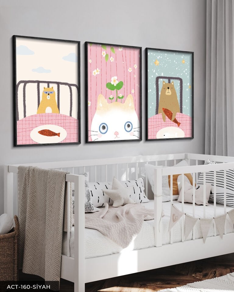 Sevimli Kedi ve Ayı 3 Parça Ahşap Çerçeveli Tablo ACT Siyah - 50 x 70 CM