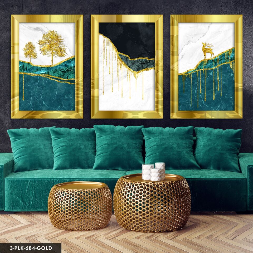 Gold Ağaç ve Geyik 3 Parça Pleksi Aynalı Tablo 20 x 30 CM - Gold