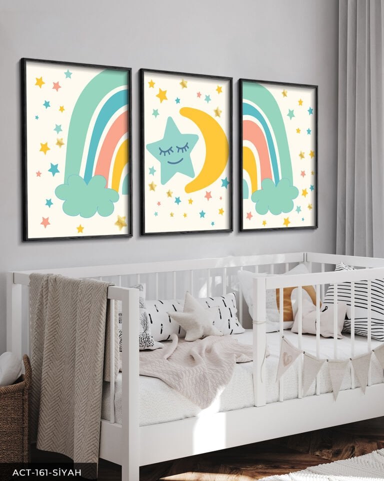 Renkli Yıldızlar ve Gökkuşağı 3 Parça Ahşap Çerçeveli Tablo ACT Siyah - 50 x 70 CM