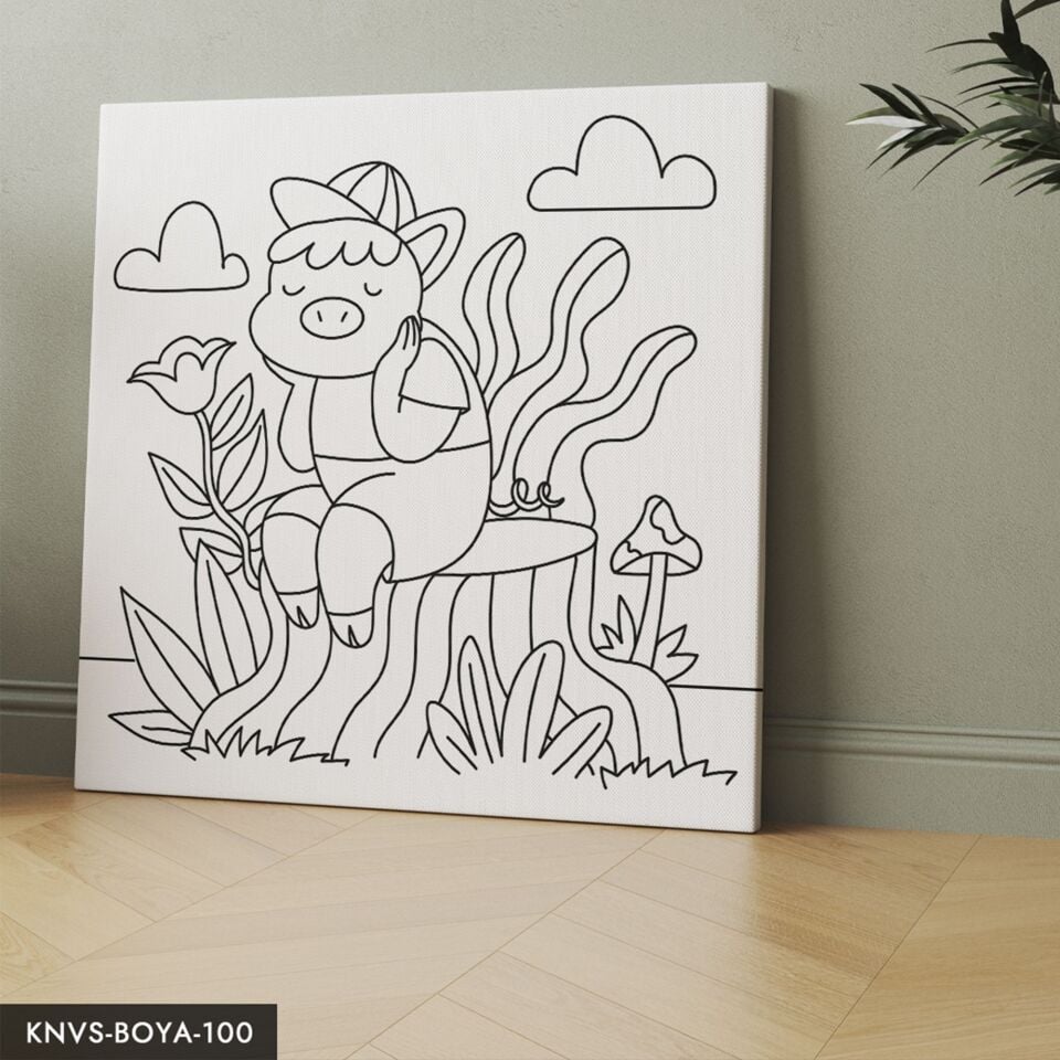 Sevimli Domuz Çocuklara Özel 20x20 CM Kanvas Tuval Boyama Seti Fırça Boya Dahildir