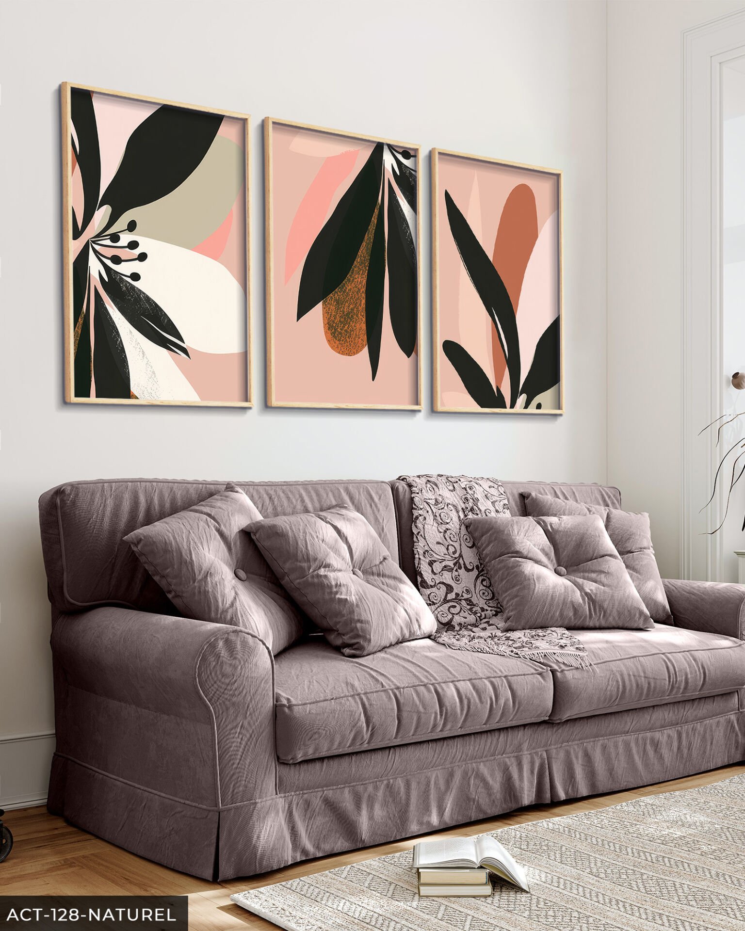 Pembe Zeminde Siyah Yapraklı Çiçek 3 Parça Ahşap Çerçeveli Tablo ACT Naturel - 40 x 60 CM