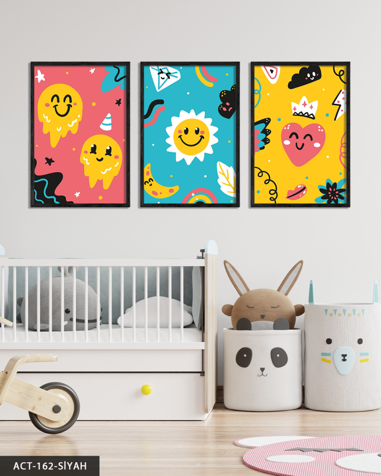 Renkli Çizgifilm Karakterleri 3 Parça Ahşap Çerçeveli Tablo ACT Siyah - 50 x 70 CM